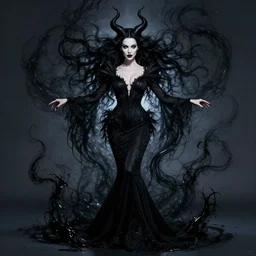 style of raphael lacoste, artgerm : : gorgeous willa holland : : evil witch, swirling black magic, black dress : : symmetrical face, symmetrical eyes : : full body pose : : gorgeous black hair : : magic lighting, low spacial lighting : :