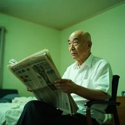 old balding japanese man with white shirt, sitting on a chair and reading newspaper while looking at the ceiling of his room with contrastic green lighting by fujita goro, atey ghailan, tom whalen