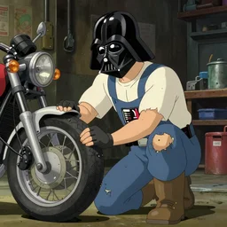 a wholesome animation key shot of darth vader as an auto mechanic, dressed in an oily pair of torn overalls, white t - shirt and brown boots repairing the tires of a motorcycle in the workshop garage, medium shot, waist up, studio ghibli, pixar and disney animation, sharp, rendered in unreal engine 5, anime key art by greg rutkowski, bloom, dramatic lighting