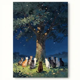 multiple cats behind a beautiful tree full of falling perals, night setting with stars. realistic shaded lighting poster by ilya kuvshinov katsuhiro, magali villeneuve, artgerm, jeremy lipkin and michael garmash, rob rey and kentaro miura style, trending on art station