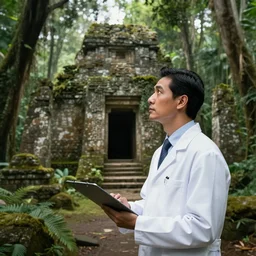 scientist explorer looking at ruins in jungle, elegant, high quality, striking, high contrast, very detailed, bright colours, smooth, fluid, coherent, high quality, dramatic lighting, by brom and magali villeneuve and mucha