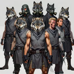 wolf gangs wear gray turf, gray bandana, some people use wolf mask, gas mask, and the boss have scratch on his face. pop art, pixel, bioshock art style, gta chinatown wars art style, dynamic proportional, dynamic composition, face features, body features, ultra realistic art, digital painting, concept art, smooth, sharp focus, illustration, intricate, without duplication, elegant, confident posse, art by artgerm and richard hamilton and mimmo rottela