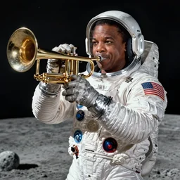 a photo of louis armstrong wearing a space suit on the moon, holding a trumpet, dramatic lighting, highly detailed