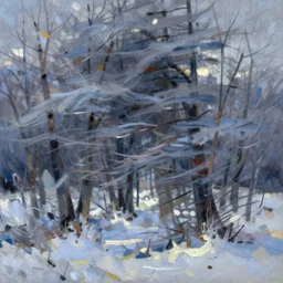 the severe wind roars through an abstract forest in winter, cold lighting, oil painting, by Zhao Wuji