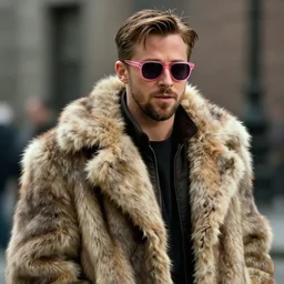film still of Ryan Gosling as Tyler Durden wearing big fur coat and pink sunglasses in Fight Club 1999