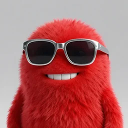 3 d render of completely red hairy friendly antropomorphic creature wearing chrome shades, no nose, shy grin with square teeth, full body, standing on 2 feet, in the style of pixar, white background, unreal engine 5, octane render, highly detailed hdr