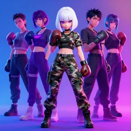 black anime manga girl, boxer pose, french bob hair, white hair, wearing camo, purple eyes, by artgerm, james jean, tom bagshaw, gerald brom, vaporwave colors, lofi colors, vaporwave, lofi, goth vibe, 4 k, smooth, hd, substance designer render, full body character concept art, symmetrical, 2 point lighting,