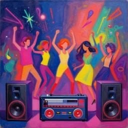 minimalistic, party, neon, colorful, party happy dancing boys and girls, mixtape, loudspeakers, music, stunning, award, hdr, 8 k, artstation, winning masterpiece by marc simonetti, by moebius and basquiat, oil on canvas