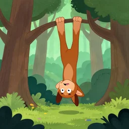 the marsupilami in the forest, hanging upside down, long tail, cartoon
