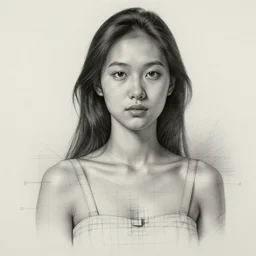 a beautiful hyperrealistic asian girl portrait and body in pencil from a photo, by Peter Mohrbacher, technical drawing, blueprint diagram, trending on artstation