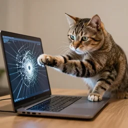 a cat punching a cracked laptop screen, dslr photograph