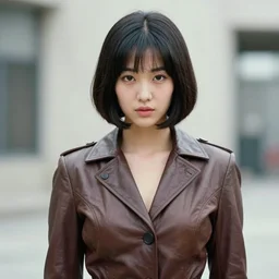 ektachrome, telephoto, highly detailed : incredibly realistic, youthful asian demure, exquisite features, feminine cut, photo 1 9 7 0 s frontiers in flight leather suit cosplay fashion, jack cardiff,