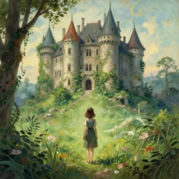 a girl encountering a lost overgrown castle in another world. By Sylvain Sarrailh, Repin, and Ruan Jia.