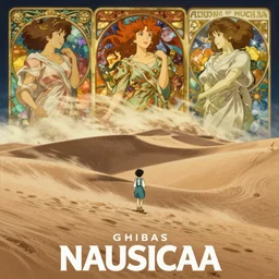 anime movie screenshot, by yoshitaka amano, by alphonse mucha, movie poster for ghibli nausicaa!!!!!, desert, sand, wind, miyazaki