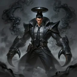 a highly detailed illustration of korean man with bowl cut black hair wearing tie with giant black claws, wielding giant black fog claws pose, tired expression, foggy black mist surrounding background, intricate, elegant, highly detailed, centered, digital painting, artstation, concept art, smooth, sharp focus, league of legends concept art, wlop.