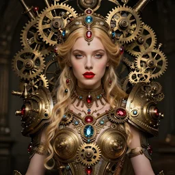 A steampunk beautiful goddess, she is blonde with red lips, she is embellished with gears wheels and gemstones, by William Holman Hunt, Greg Rutkowski, Stanely Artgerm, Tooth Wu, Peter Gric, Aaron Horkey, trending on Artstation, digital art, mythological, symmetrical artwork, cinematic lighting, hyper realism, high detail, octane render, ultra realistic, golden ratio, 4k, 8k
