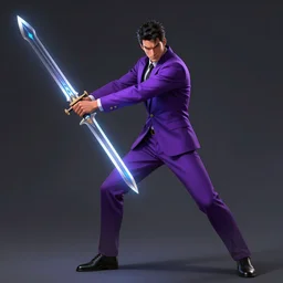 a man in a purple suit holding a glowing sword, concept art by Android Jones, cgsociety, sumatraism, 8k, #vfxfriday, ue5