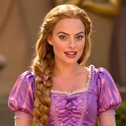 Margot Robbie as Rapunzel in disney tangled live action, 8k full HD photo, cinematic lighting, anatomically correct, oscar award winning, action filled, correct eye placement,