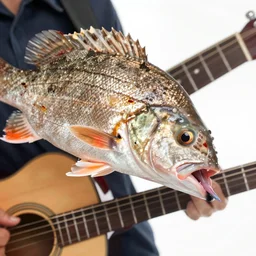 still photo of brown fish eating a guitar, highly detailed, photorealistic portrait, bright studio setting, studio lighting, crisp quality and light reflections, unreal engine 5 quality render