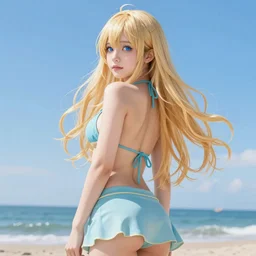 a very beautiful young yuuki asuna, full body, long wavy blond hair, sky blue eyes, full round face,, bikini, miniskirt, back view, mid - shot, highly detailed, cinematic wallpaper by stanley artgerm lau