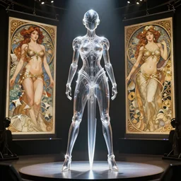 a full body character design by artgerm, cushart krenz, greg rutkowski and alphonse mucha. sci - fi dagger. laser tape project show attctive showgirl!! full body with helmet!! sharp edge. ultra clear detailed. contour light effect!! 8 k. stage light. ultra detailed, elegant, intricate, octane render.
