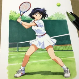 a low angle copic maker art nouveau portrait of an anime cosplayer playing tennis on a grass court wearing a futuristic puffy red anorak and a white latex suit designed by balenciaga by john berkey norman rockwell