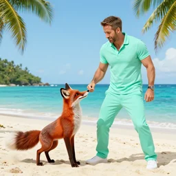 photo of a mint - colored ryan reynolds fighting a chocolate fox on a tropical beach, highly detailed,