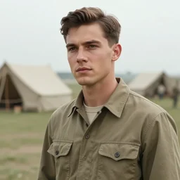a photographic of a very handsome young man in the 1 9 5 0 s, he is at camp