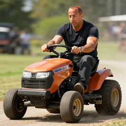 Vin Diesel racing on a lawnmower, hyperdetailed, artstation, cgsociety, 8k