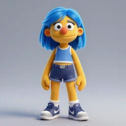 digital illustration of cyberpunk muppet girl with blue hair, wearing a tank top and shorts, wearing nike air mags, full body pqkose, in city street at night, by makoto shinkai, ilya kuvshinov, lois van baarle, rossdraws, basquiat