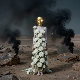 The full body shot of beautiful pale woman with white flowers and full-face golden mask in a black smoke in rocky desert landscape, glowing eyes everywhere by Gaspar Noe and Christopher Doyle, anamorphic lens, anamorphic lens flares, kodakchrome, cinematic composition, practical effects, award winning photo, 8k