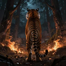 the tiger stands with its back and looks at the burning forest an night, dark, mystery, scared, fantasy, dark, highly detailed, digital painting, concept art, sharp focus, illustration, epic light, artstation