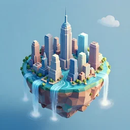 low poly art of a round floating island of new york surrounded by waterfalls, in the sky, isometric art, 3d render, ray tracing, high detail, artstation, concept art, behance, smooth, sharp focus, ethereal lighting, unreal engine 5