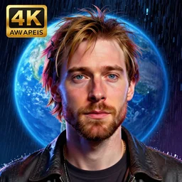 ( ( ( ( ( hyperrealist portrait of kurt cobain on a blue planet where it rains colors. ) ) ) ) ) by bayard wu, fantasy, photorealistic, octane render, unreal engine, dynamic lighting, trending on artstation, poster, volumetric lighting, very detailed faces, 4 k, award winning