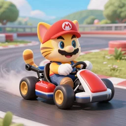 Nintendo Mario Kart 8 Mario in a cat costume driving a kart along the track cat mario