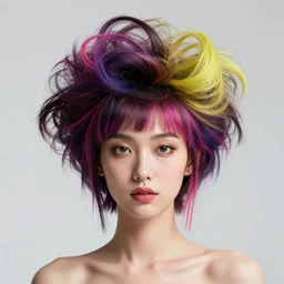 portrait of a post modern fashion model with an exuberant modernist hair style, colorful, beautiful face, octane render, vray, detailed, wide angle, halftoned, editorial illustration, matte print, grainy light, ( ( dither ) ), risograph, high contrast, screen print, rich grainy texture