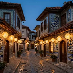 winding street at twilight in a very old very beautiful city by George Price Boyce and Nicholas Roerich and jean delville, glowing paper lanterns, strong dramatic cinematic lighting , ornate tiled architecture, lost civilizations, smooth, sharp focus, extremely detailed