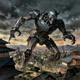 evil robot attacking feudal japan city, moody sky, dramatic lighting, painted by James Jean and Wayne Barlowe and moebius, high details , cinematic, cgsociety 8k