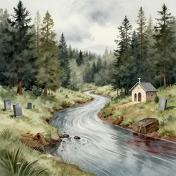 watercolor illustration of a bloody river in a forest, gray sky, graveyard with a small sanctuary