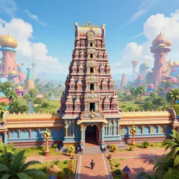 photo of a big colorful indian temple in a colorful fantasy landscape, unreal engine, wide angle, long shot, 3 d render, insanely integrate