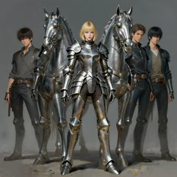 portrait full body girl metal armor and metal horse poses by gaston bussiere, anna nikonova aka newmilky, greg rutkowski, yoji shinkawa, yoshitaka amano, tsutomu nihei, donato giancola, geoffroy thoorens, concept art, trending on artstation, featured on pixiv, cinematic composition, 8 k