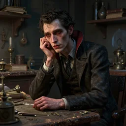 detailed photorealistic matte painting night portrait of single neurotic british man thin face confidant vampire in a dusty workshop cluttered with paraphernalia scattered books atmospheric hdr vivid color octane render unreal engine subsurface scattering greg rutkowski artstation