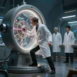 jerma 9 8 5 dressed as a mad scientist going into a working time machine, 4 k, sci fi, award winning, full body, dramatic, realistic