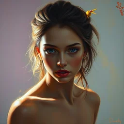 portrait of a beautiful girl,, intimate, pastel shades, beautiful face, rule of thirds, spotlight, expressive, passionate, by greg rutkowski, by jeremy mann, by francoise nielly, oil painting, correct body proportion, full body