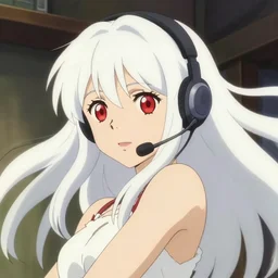 anime film still portrait of a japanese young woman, large, red eyes!!!!, long, white hair!!!!, wearing a headset in her room interior, detailed facial features, dynamic pose, cute face by ilya kuvshinov, makoto shinkai takashi takeuchi studio ghibli, anime poster, rimlight, 4 k