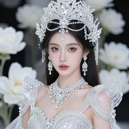 portrait of wonderful asian princess of white diamonds with fair skin, white flowers, ornate with white diamonds, 8 k, gorgeous, intricate, detailed, glowing white accent lighting, dramatic lighting, octane render