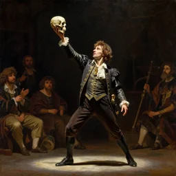 spotlight skillful rendition of a man on stage brandishing a skull hamlet play theatre oil painting carl spitzweg william adolphe bouguereau james tissot alexandre benois giotto ilya repin arkhip kuindzhi