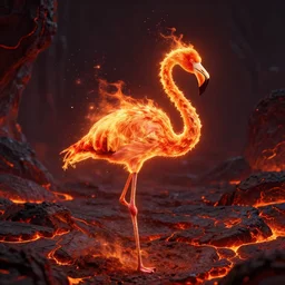 a flamingo made out of fire, inferno, magma scarred landscape background, epic sense of scale, unreal engine 5, particle effects,