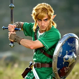 Timothee Chalamet as Link from Legend of Zelda, elf ears, long blonde hair, +++ super super super dynamic posing, j.c. leyendecker, Valentina Remenar, thick eyebrows, super serious facial expression, holding a sword & shield, ocarina of time movie, concept photos, dynamic lighting, dynamic shaders