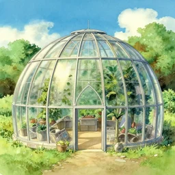 spherical greenhouse by studio ghibli, watercolors